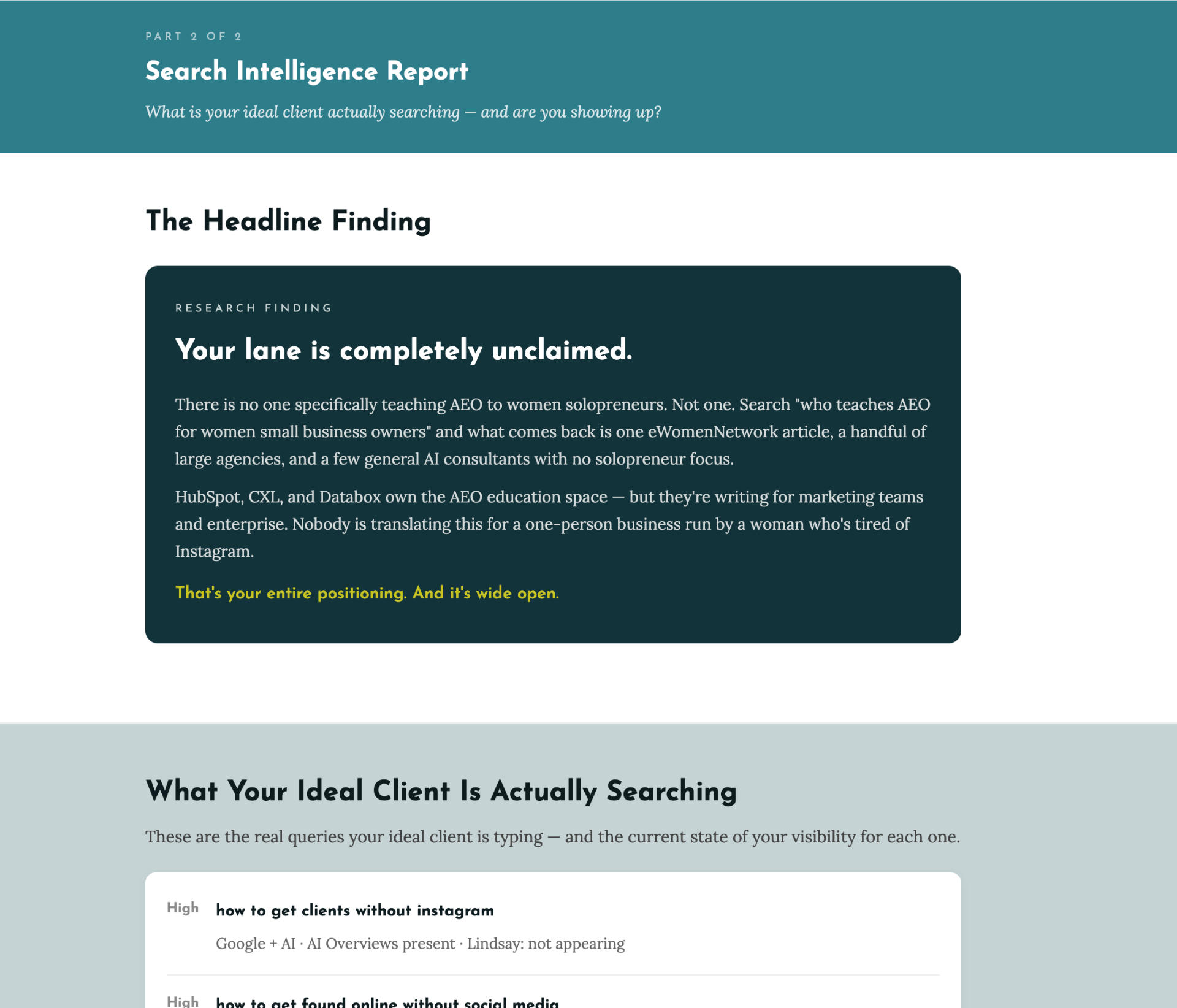 AI Visibility Suite report — Search Intelligence section